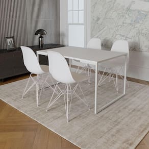 Mesa Industrial Base Ferro Branco 137x90 Tampo Branco 4 Cadeiras Eiffel Ferro Branco Assento Branco