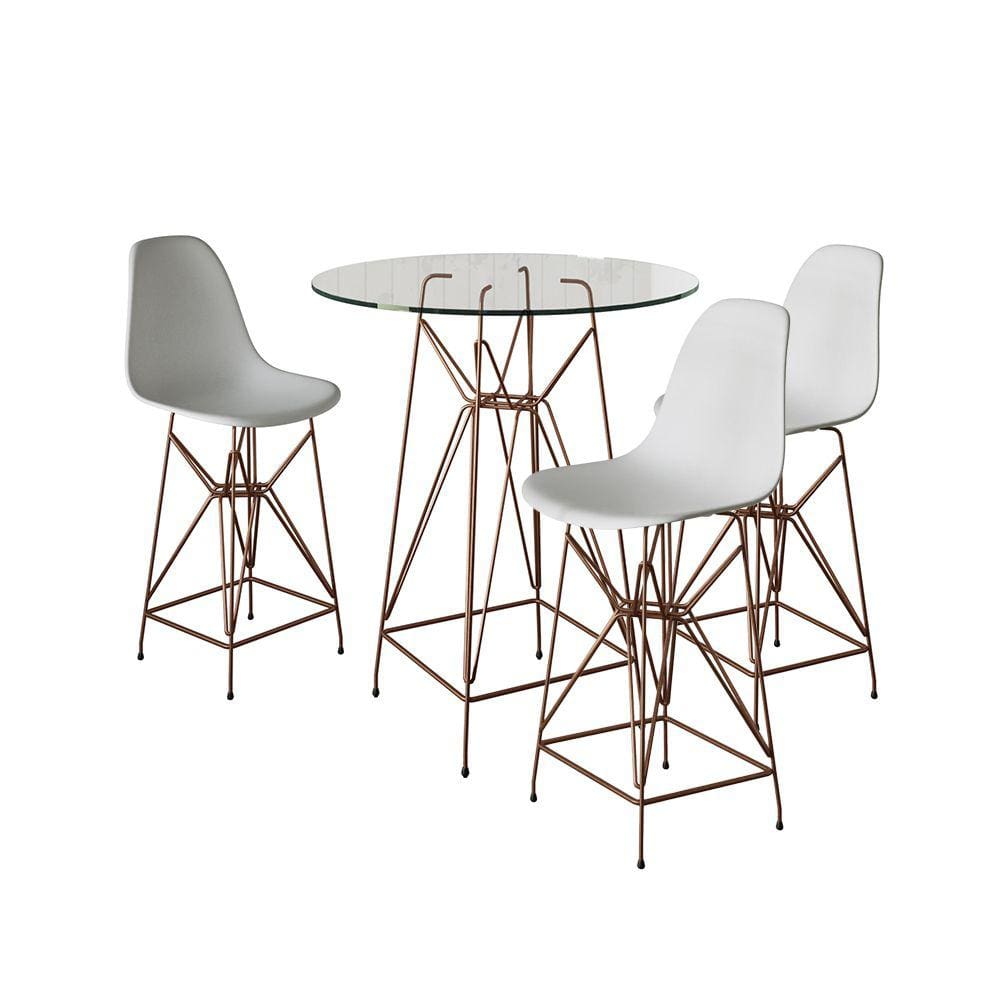 Jogo Mesa Bistrô Eames Eiffel Vidro 60cm 3 Banquetas Branca Base Ferro Cobre