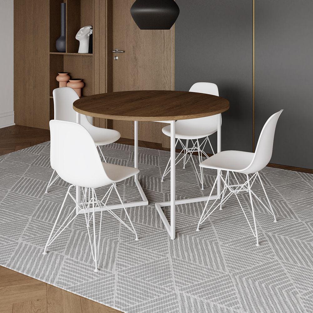 Mesa Industrial Jantar Redonda Amêndoa 110cm Base V com 4 Cadeiras Eames Brancas Ferro Branco