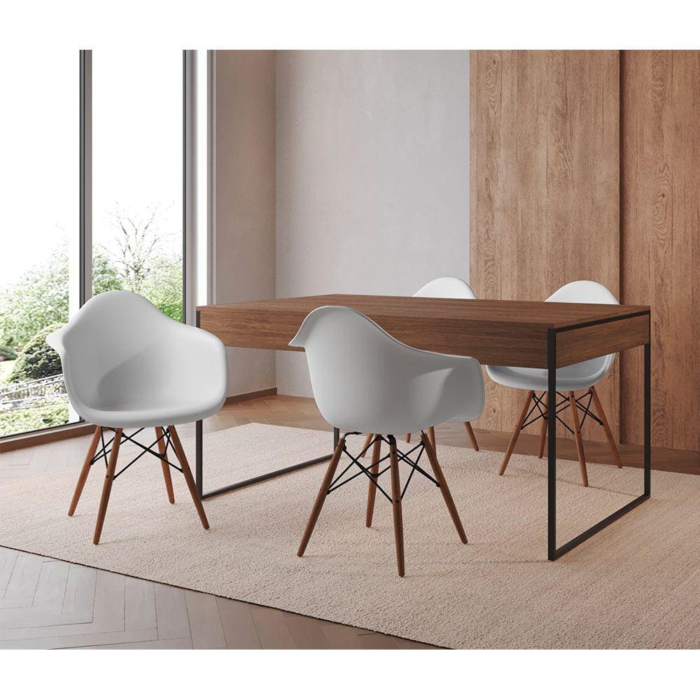 Mesa Jantar Industrial Filadélfia Amêndoa 137x90cm Base Ferro Preto com 4 Poltronas Brancas Eames Ei