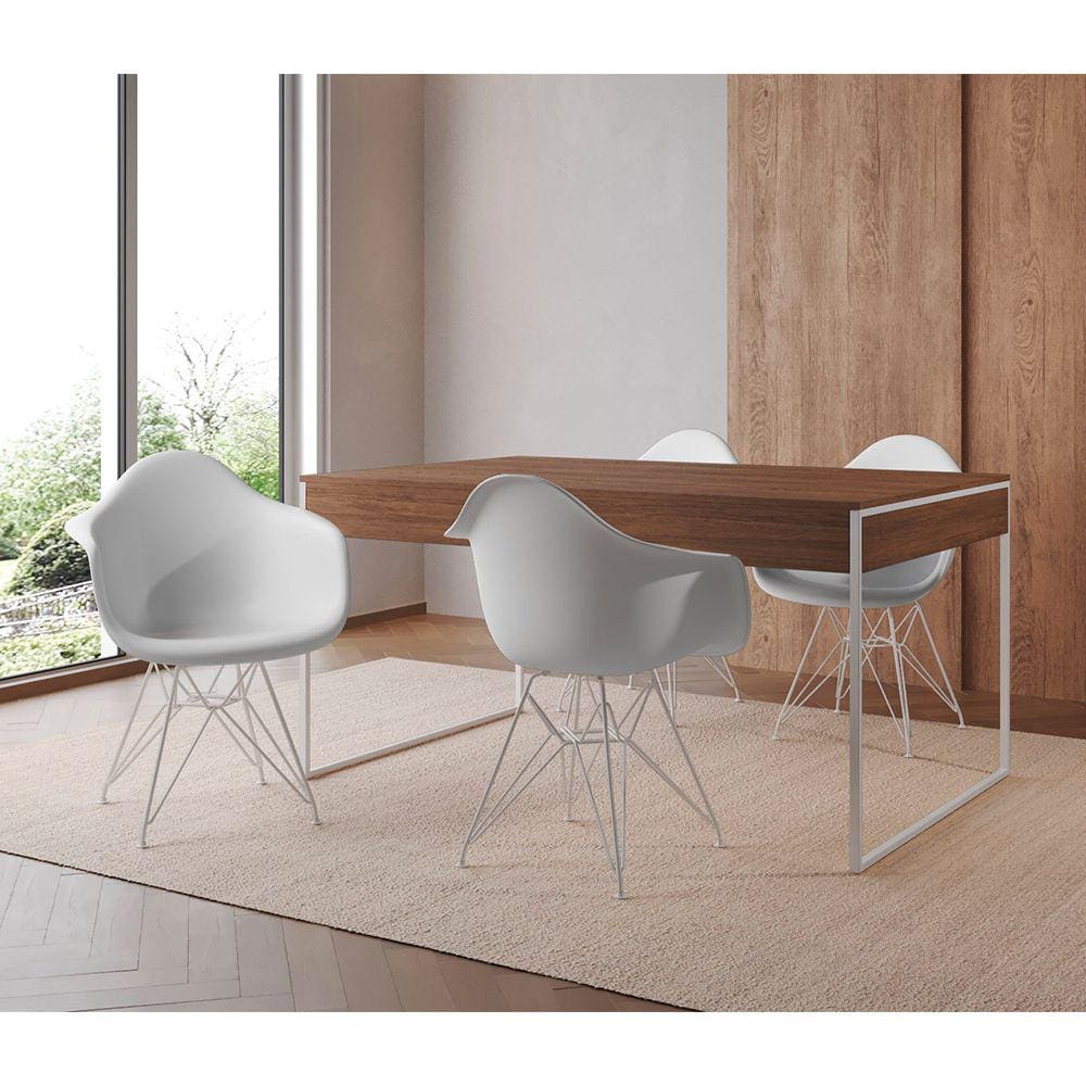 Mesa Jantar Industrial Filadélfia Amêndoa 137x90cm com 4 Poltronas Eames Eiffel Brancas Base Ferro B