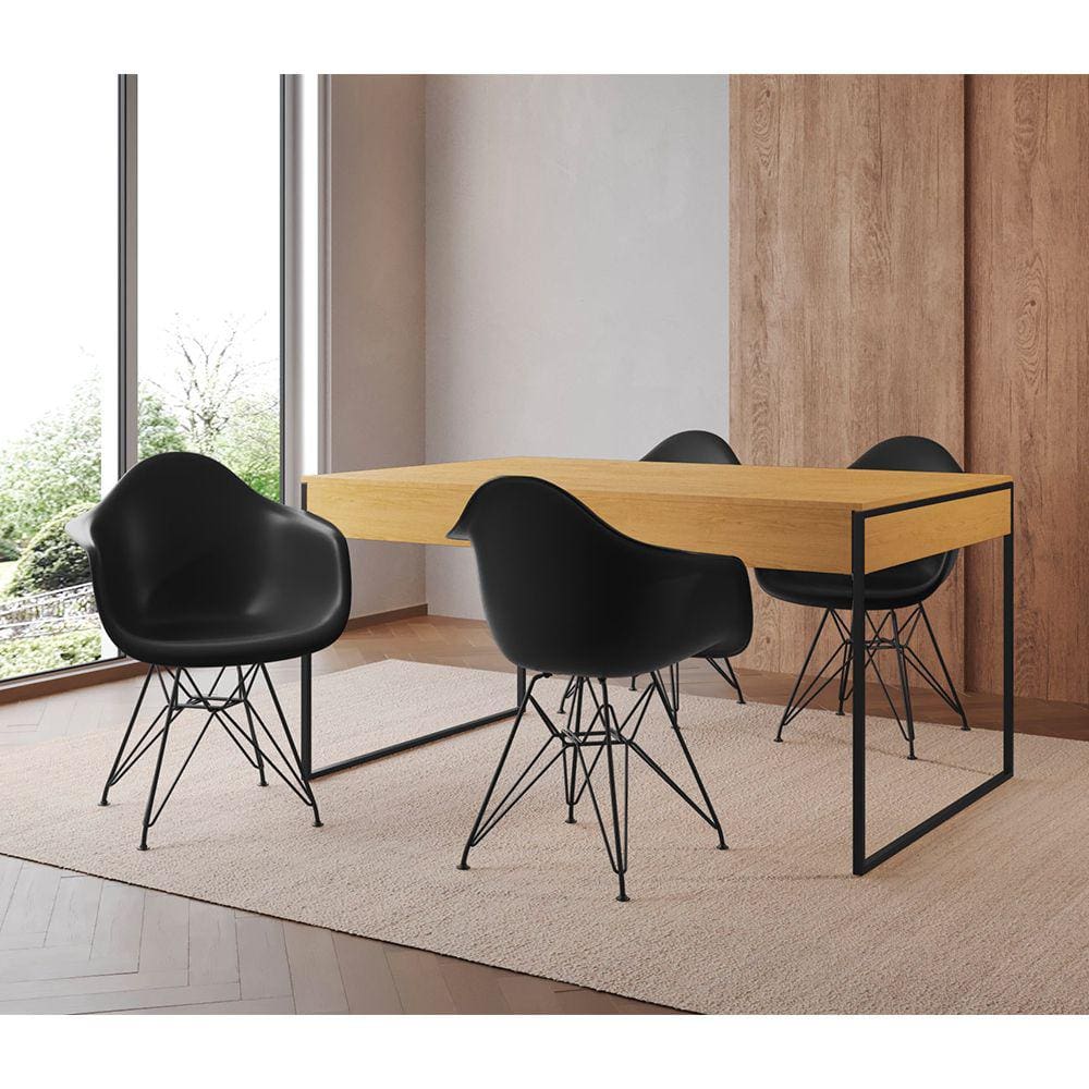 Mesa Jantar Industrial Filadélfia Canela 137x90cm com 4 Poltronas Eames Eiffel Pretas Base Ferro Pre