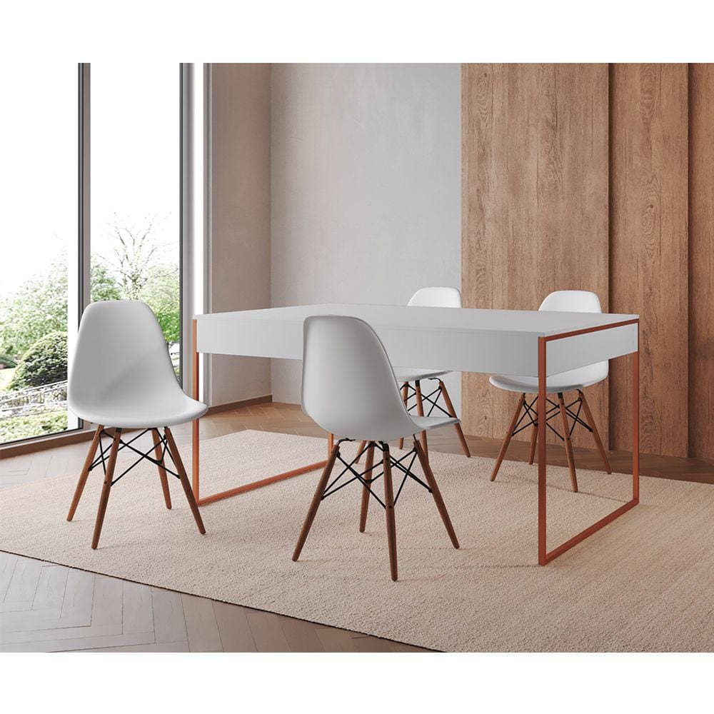 Mesa Jantar Industrial Retangular Filadélfia Branca 137x90cm Base Cobre com 4 Cadeiras Brancas Eiffe