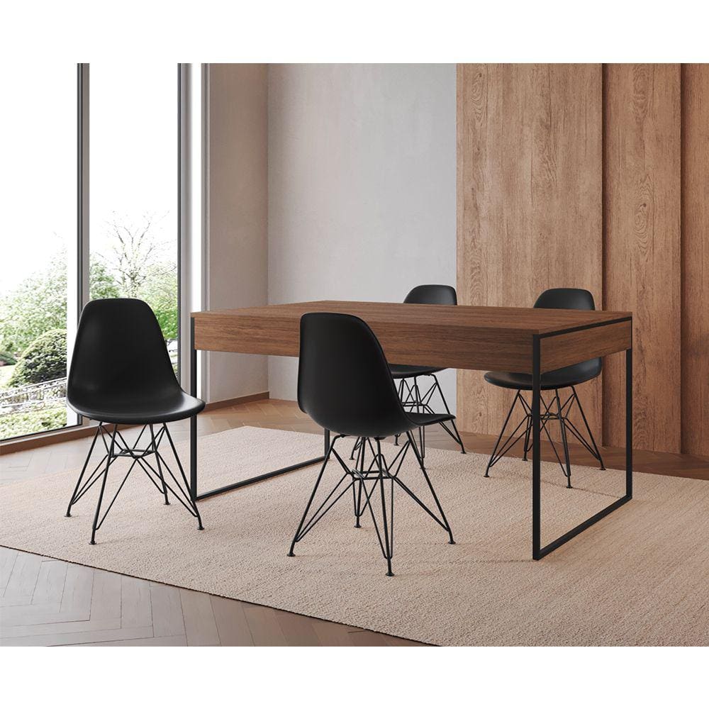 Mesa Jantar Industrial Retangular Filadélfia 137x90cm Amêndoa com 4 Cadeiras Pretas Eames Base Ferro