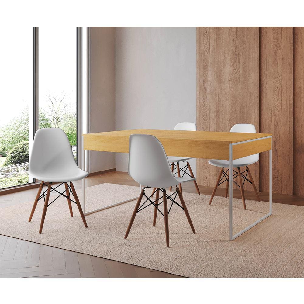 Mesa Jantar Industrial Retangular Filadélfia Canela 137x90cm Base Ferro Branco com 4 Cadeiras Branca