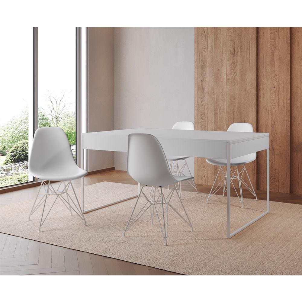 Mesa Jantar Industrial Retangular Filadélfia Branca 137x90cm com 4 Cadeiras Brancas Eames Base Ferro