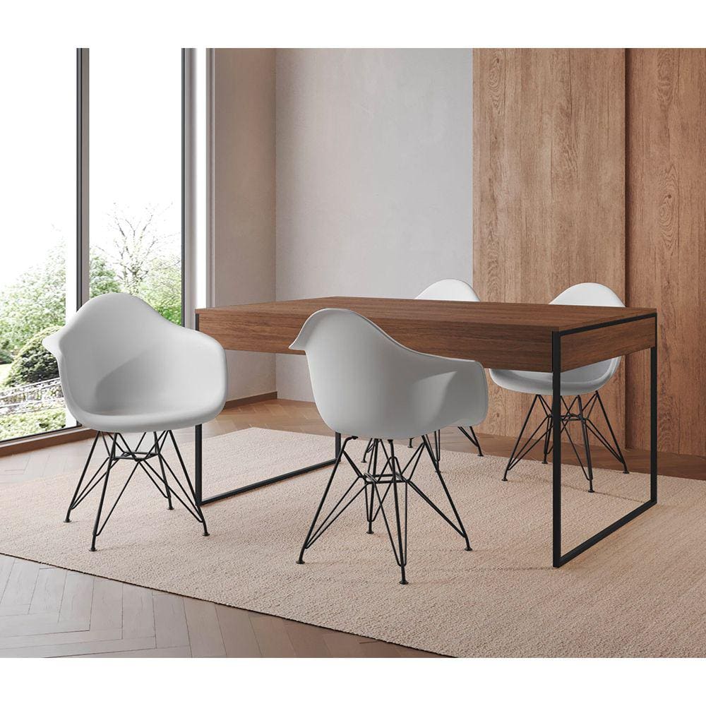 Mesa Jantar Industrial Filadélfia Amêndoa 137x90cm com 4 Poltronas Eames Eiffel Brancas Base Ferro P