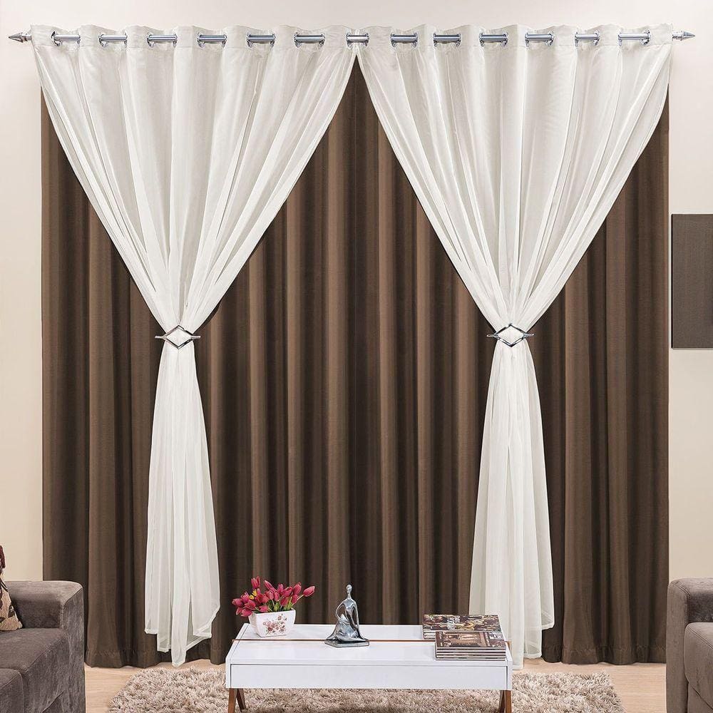 Cortina Jéssica 2 Metros Tabaco Tecido Microfibra Com Voal Clássica Cromada