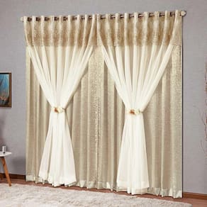 Cortina Nobreza Floral 2,00M X 1,70M Tecido Cetim Amassado Voil Bandô Bordado - Bronze
