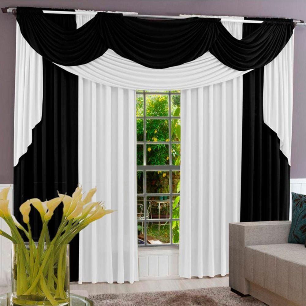 Cortina Imperial 3,00M X 2,60M Tecido Malha Gel Para Varão Duplo Sala Quarto - Preto Com Branco