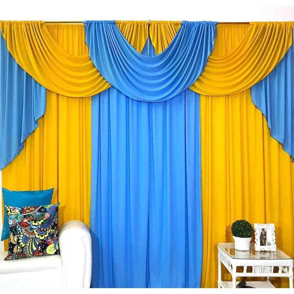 Cortina Veneza 3,00M X 2,60M Azul Amarelo Tecido Malha Gel Premium Varão Duplo Sala Quarto