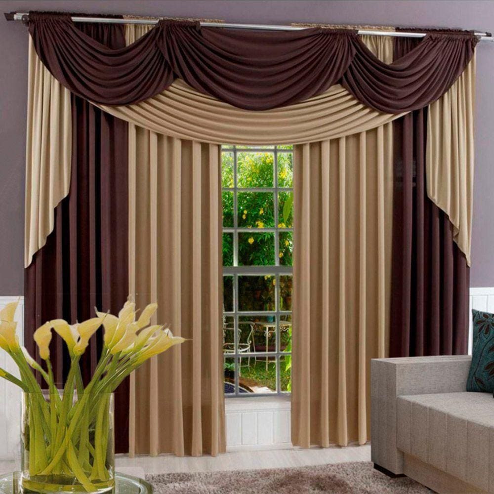 Cortina Imperial 3,00M X 2,60M Tecido Malha Gel Para Varão Duplo Sala Quarto - Marrom Com Avelã