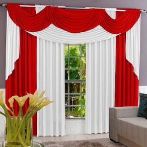 Cortina Imperial 3,00M X 2,60M Tecido Malha Gel Para Varão Duplo Sala Quarto - Vermelho Com Branco
