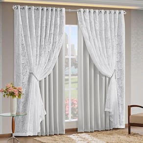 Cortina Monalisa 3,00M X 2,70M Varão Simples Tecido Blackout Com Renda Floral - Gelo