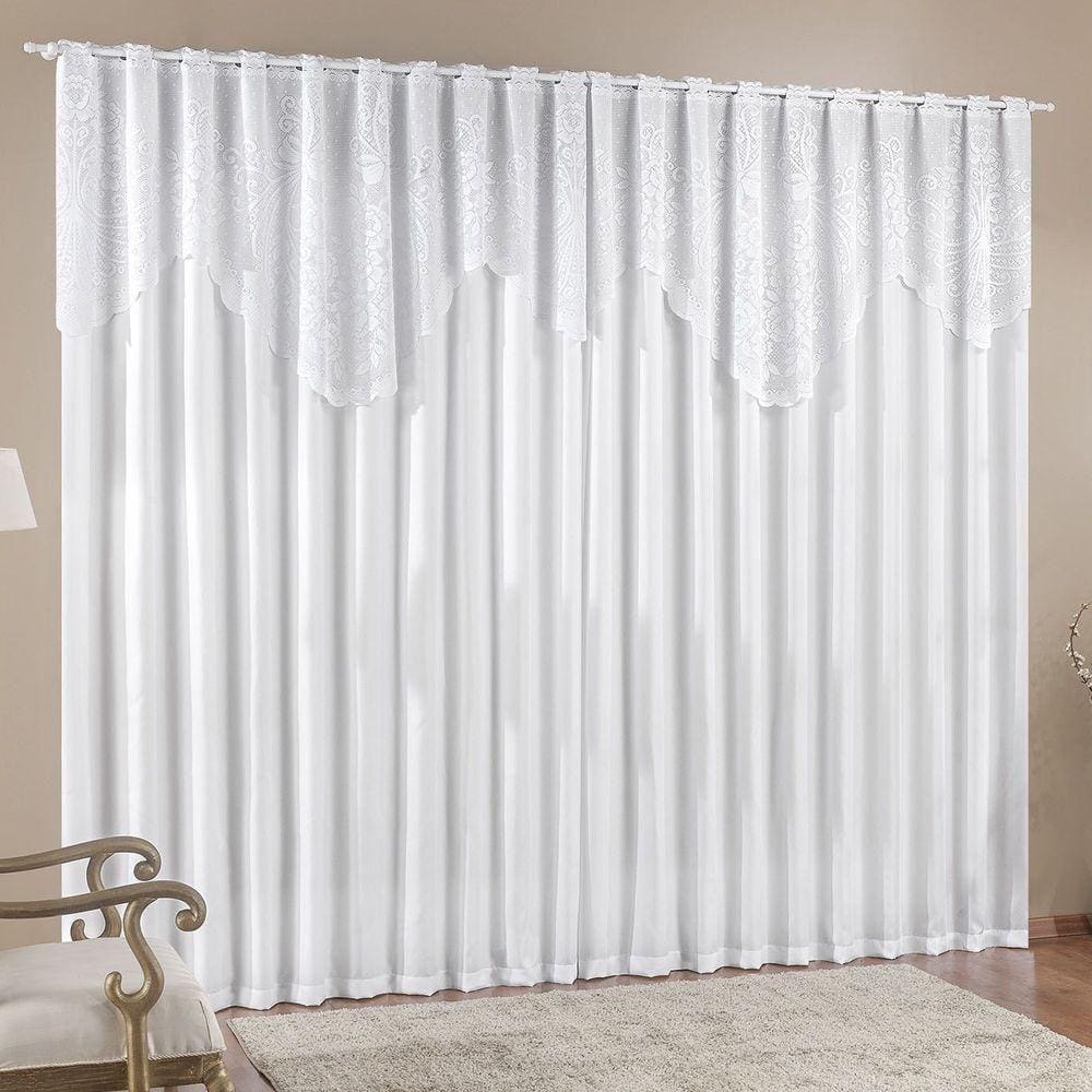 Cortina Nicole 4 Metros Branca Tecido Microfibra Com Renda Floral Sala Quarto
