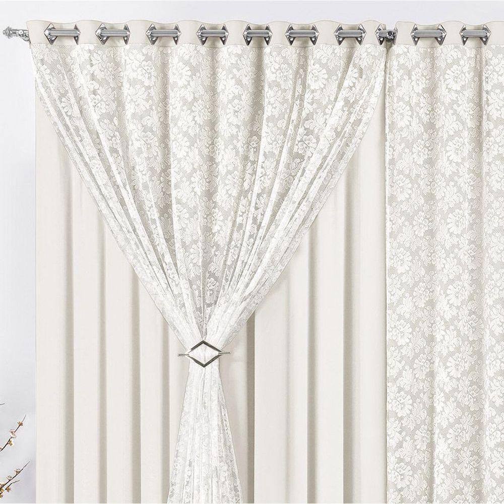 Cortina Yasmin 2,00M X 1,70M Palha Trilho Comum Tecido Malha Renda Floral Leve