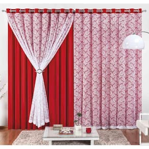 Cortina Yasmin 3 Metros Vermelha Tecido Malha Com Renda Floral Sala Ou Quarto