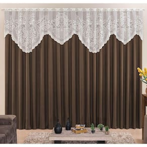 Cortina Nicole 4 Metros Tabaco Tecido Microfibra Com Renda Floral Sala Quarto