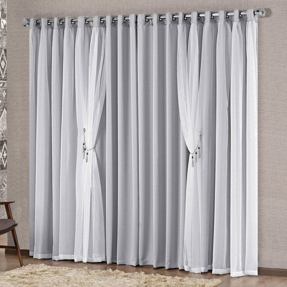 Cortina Mabelle 2,00M X 1,70M Semi Blackout Com Voal Premium Pingentes Sala Quarto - Cinza