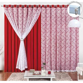Cortina Yasmin 3,00M X 2,50M Vermelha Trilho Comum Tecido Malha Renda Floral Nova