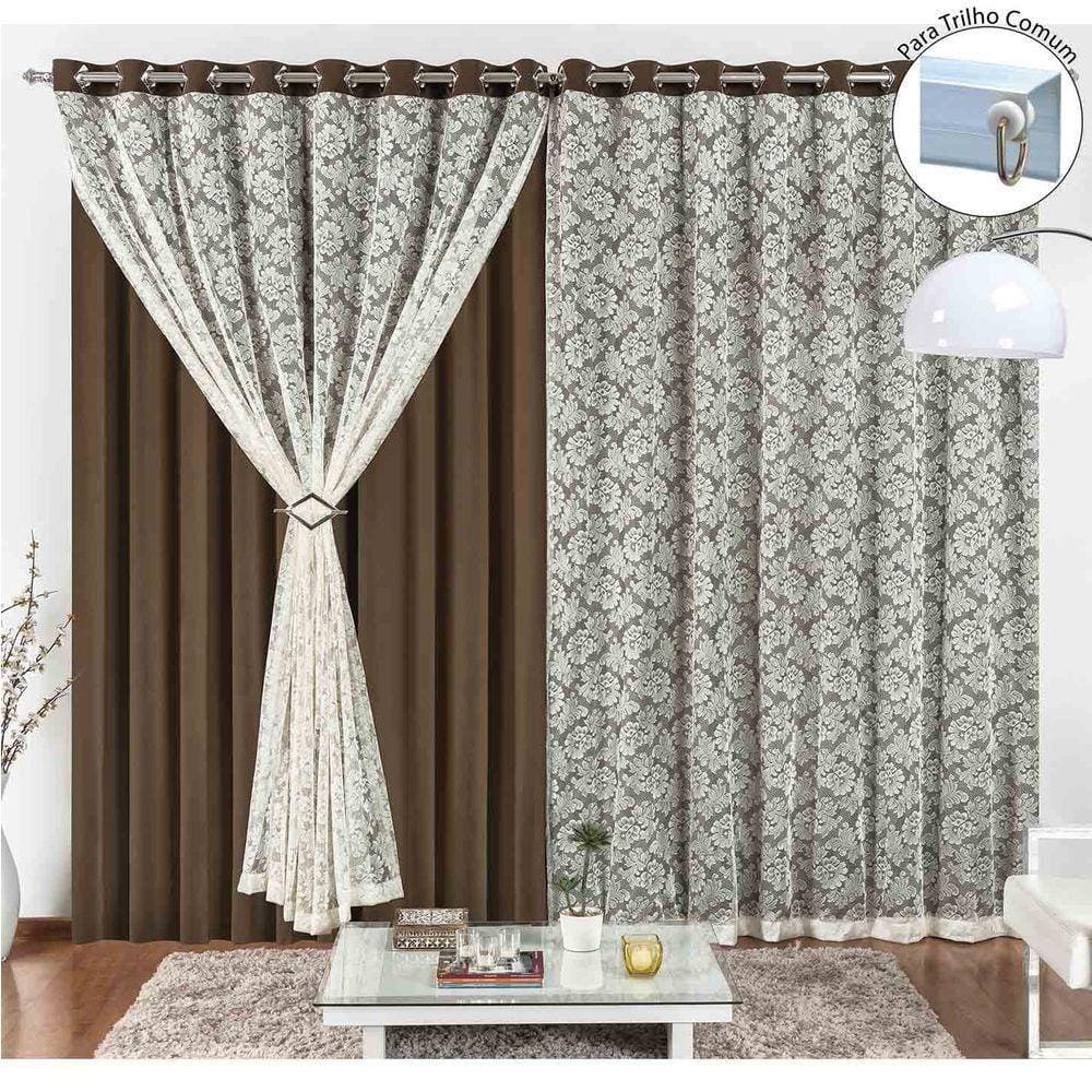Cortina Yasmin 2,00M X 1,70M Tabaco Trilho Comum Tecido Malha Renda Floral Leve