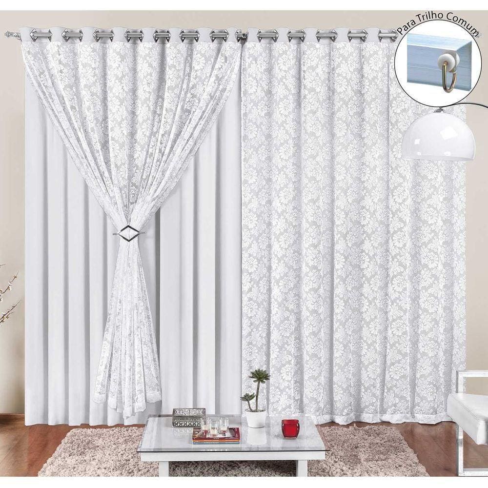 Cortina Yasmin 3,00M X 2,50M Branca Trilho Comum Tecido Malha Renda Floral Nova