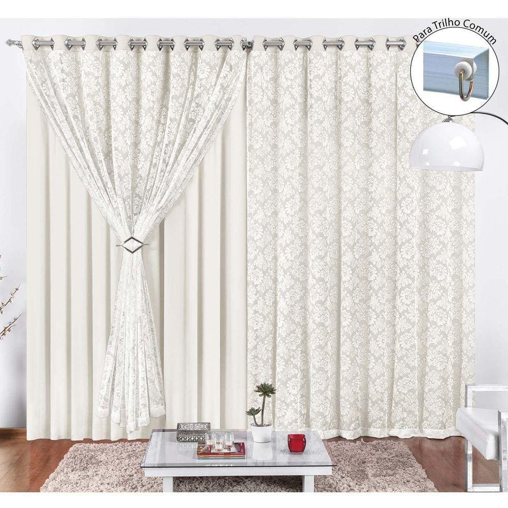 Cortina Yasmin 4,00M X 2,50M Palha Trilho Comum Tecido Malha Com Renda Floral