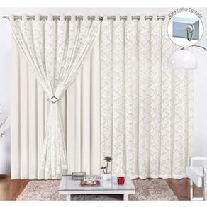 Cortina Yasmin 4,00M X 2,50M Palha Trilho Comum Tecido Malha Com Renda Floral