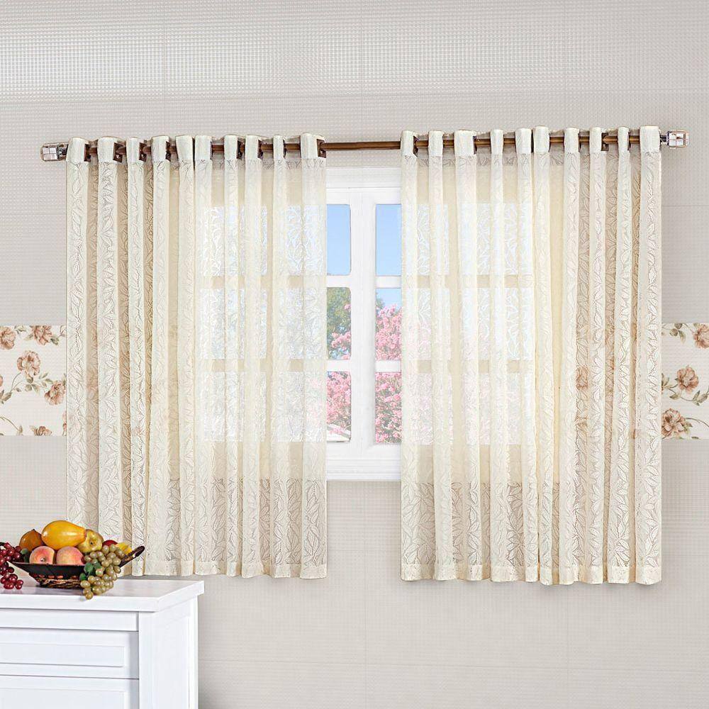 Cortina Para Cozinha 2,00M X 1,70M Charme Tecido Renda Floral Para Varão Simples - Palha