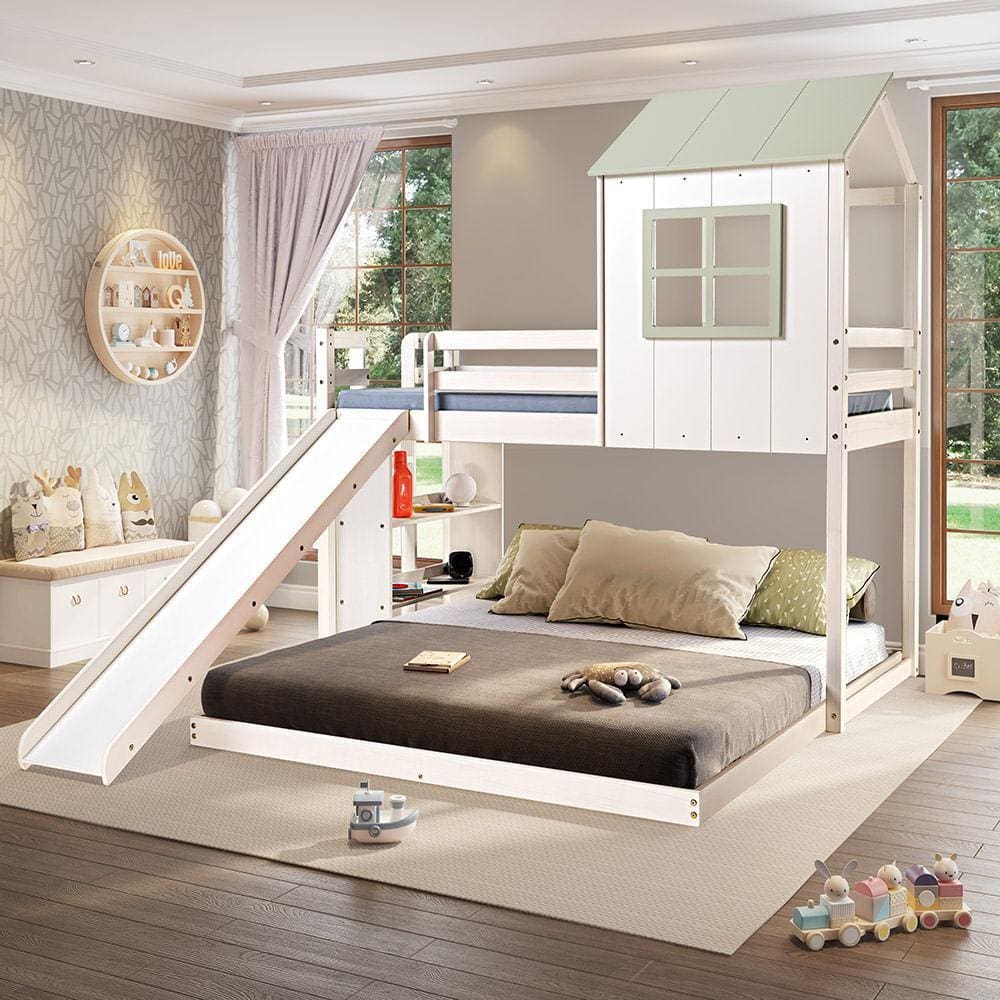 Beliche Queen Montessoriano Cabana Family com Escorregador e Estante Branco/Verde - Casatema