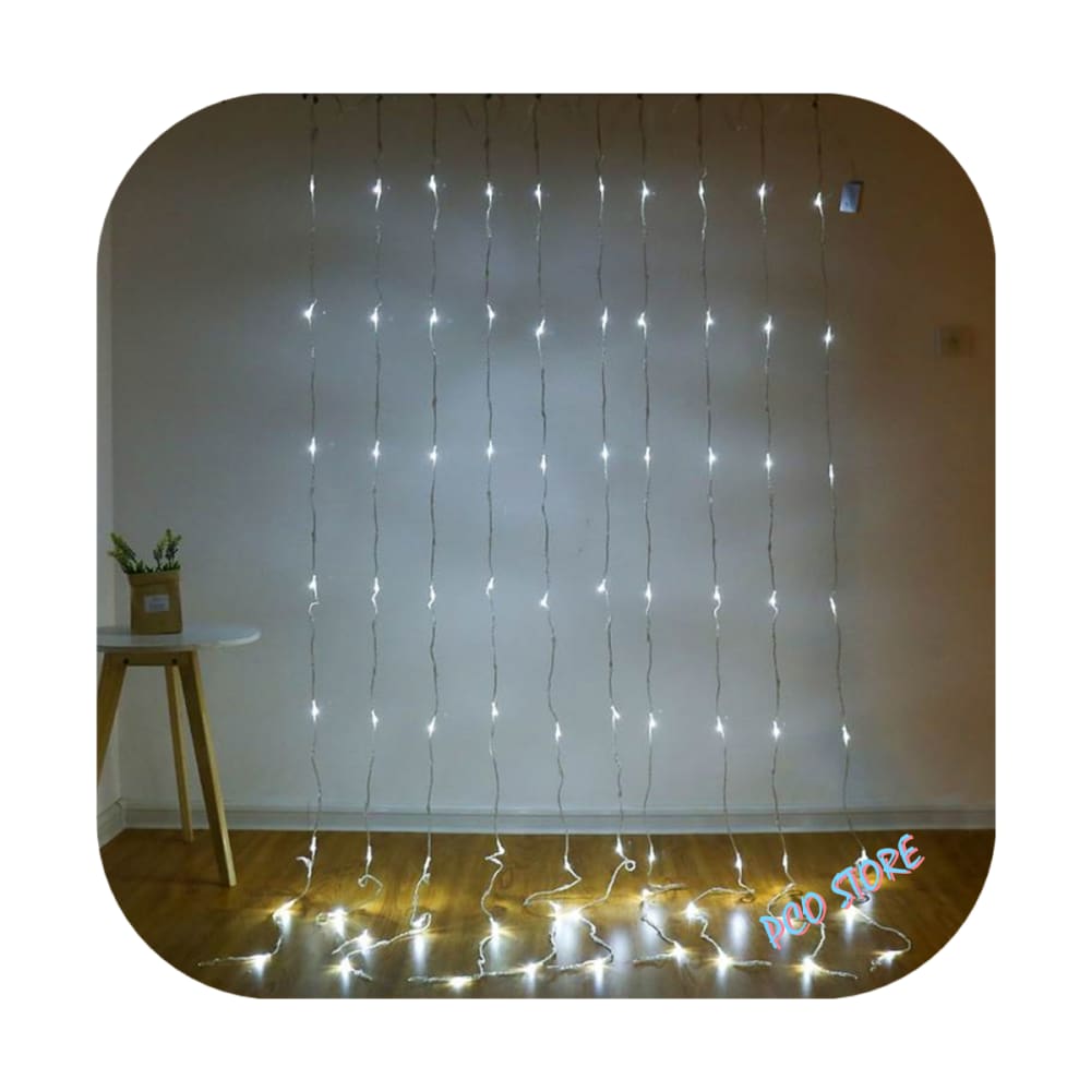 Cortina 320 Led 3,0m x 2,5m 8 Funções Branco Frio Fio Transparente Decor Festa Natal 110V