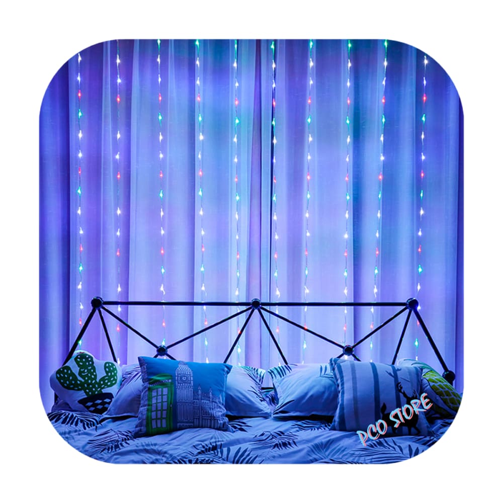 Cortina 320 Led 3,0m x 2,5m 8 Funções Colorido Fio Transparente Decor Festa Natal 110V