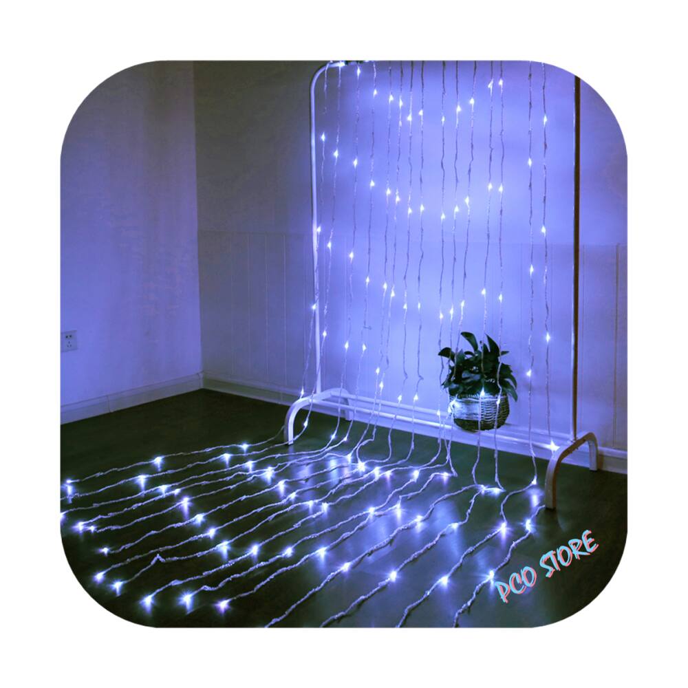 Cortina 392 Led 3,0m x 2,5m 8 Funções Branco Frio Fio Transparente Decor Festa Natal 220V