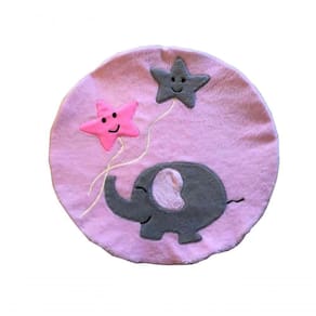 Tapete Pelúcia Elefante 90Cm X 90Cm Redondo Decorativo Quarto Infantil Base Emborrachado - Rosa