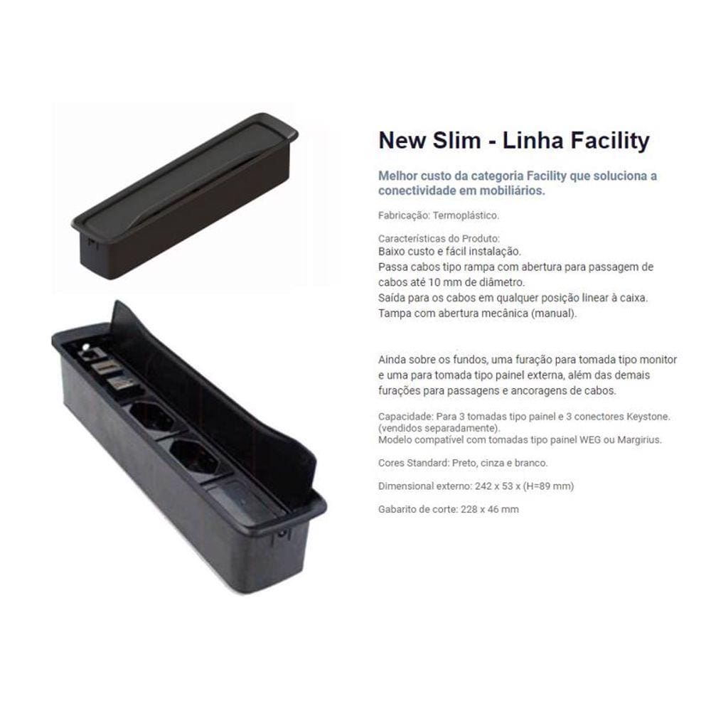 Caixa Embutir P/ Mesa Móveis C/ 03 Tomada 10a New Slim Preta