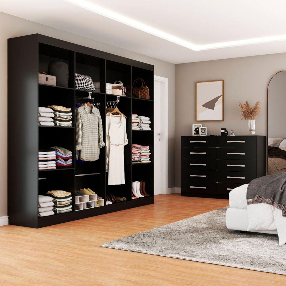 Quarto de Casal Ele e Ela Closet 8 Prateleiras Cômoda 10 Gavetas Preto - Panorama Móveis