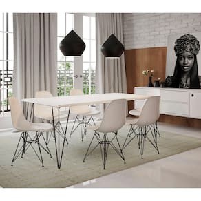 Conjunto de Mesa Eames Clips de Ferro Preto Tampo Branco 135x75 6 Cadeiras Assento Branco