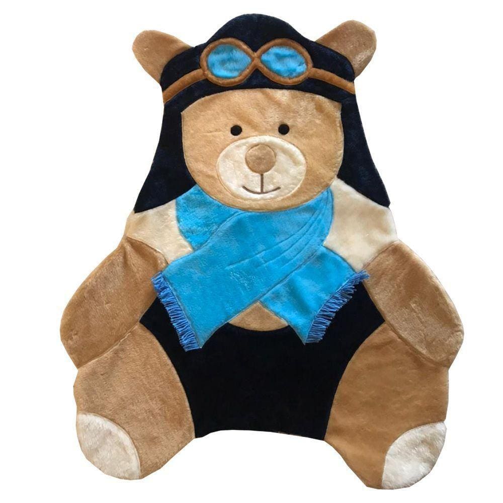 Tapete Pelúcia Urso Aviador 1,05M X 85Cm Cachecol Infantil Macio Base Emborrachado - Azul