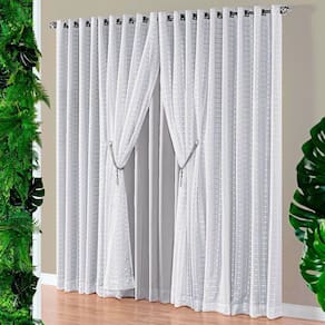 Cortina Realce 3,00M X 2,50M Tecido Semi Blackout Com Voil Xadrez Varão Simples 3M - Cinza