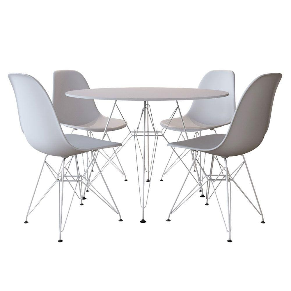 Sala de Jantar Mesa Eames Redonda Branca 90cm Base de Ferro Branco com 4 Cadeiras Brancas