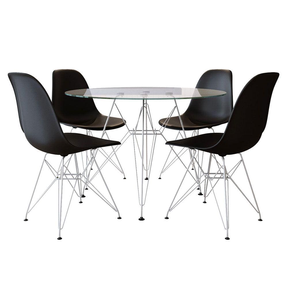 Sala de Jantar Mesa Eames Redonda Vidro 90cm Base Ferro Branco com 4 Cadeiras Pretas