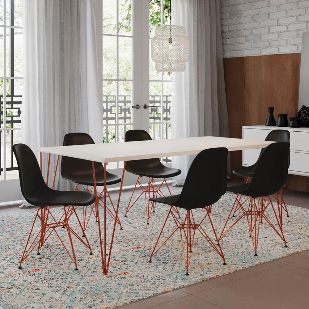 Mesa Sala de Jantar Industrial Clips Branca 135x75 6 Cadeiras Eiffel Pretas de Ferro Cobre