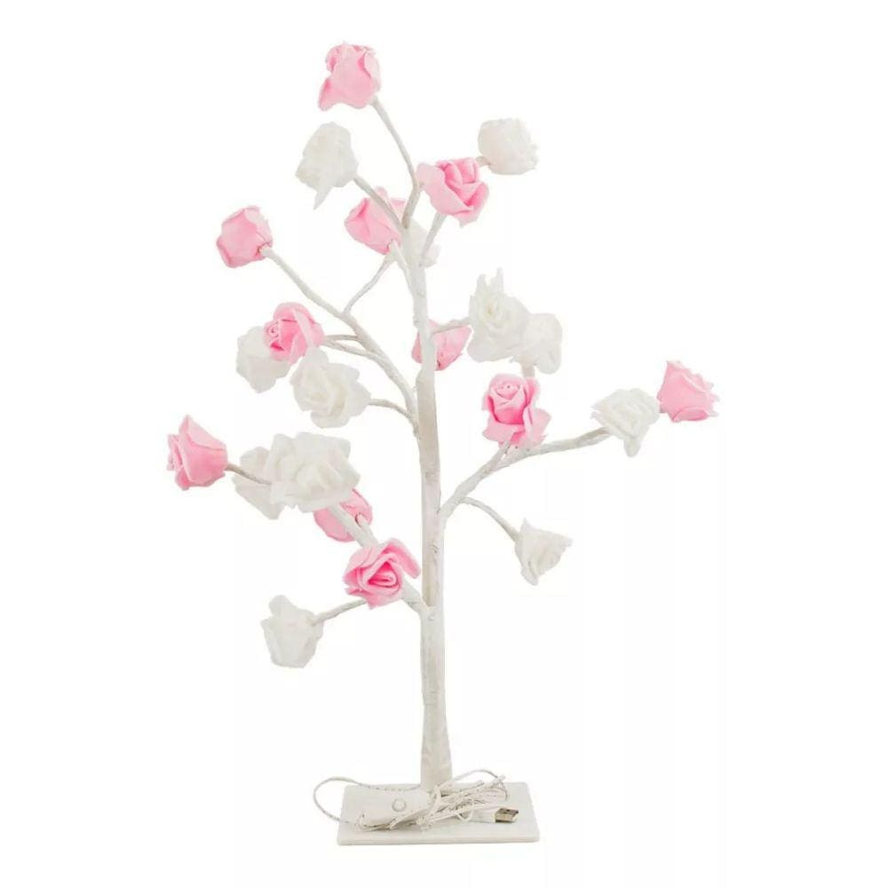 Luminária Árvore Flores Branco E Rosa 31cm