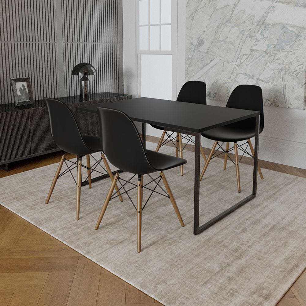 Mesa Industrial Base de Ferro Preto 137x90 Tampo Preto 4 Cadeiras Eiffel Madeira Assento Preto