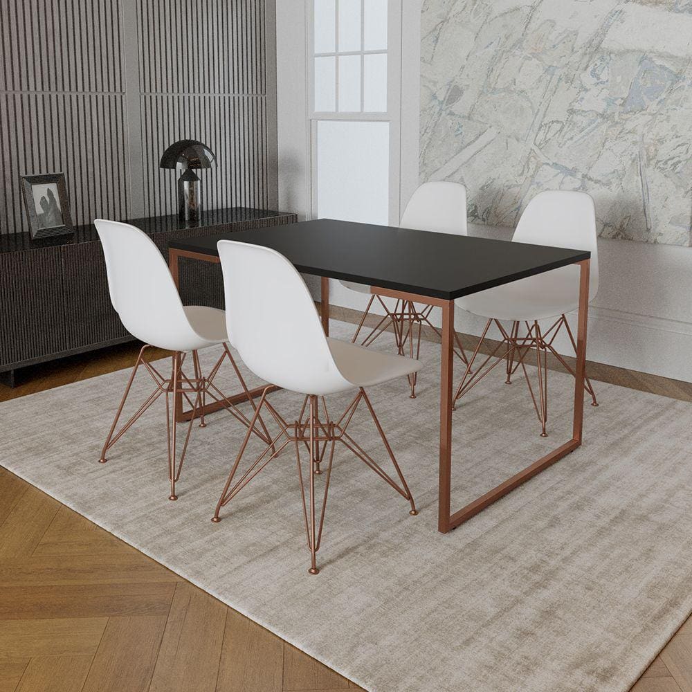 Mesa Industrial Base Ferro Cobre 137x90 Tampo Preto 4 Cadeiras Eiffel Ferro Cobre Assento Branco