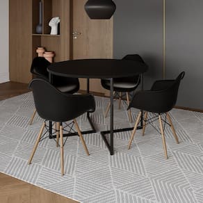 Mesa Jantar Industrial Preta 110cm Redonda Base V Ferro Preto com 4 Poltronas Eiffel Pretas Madeira