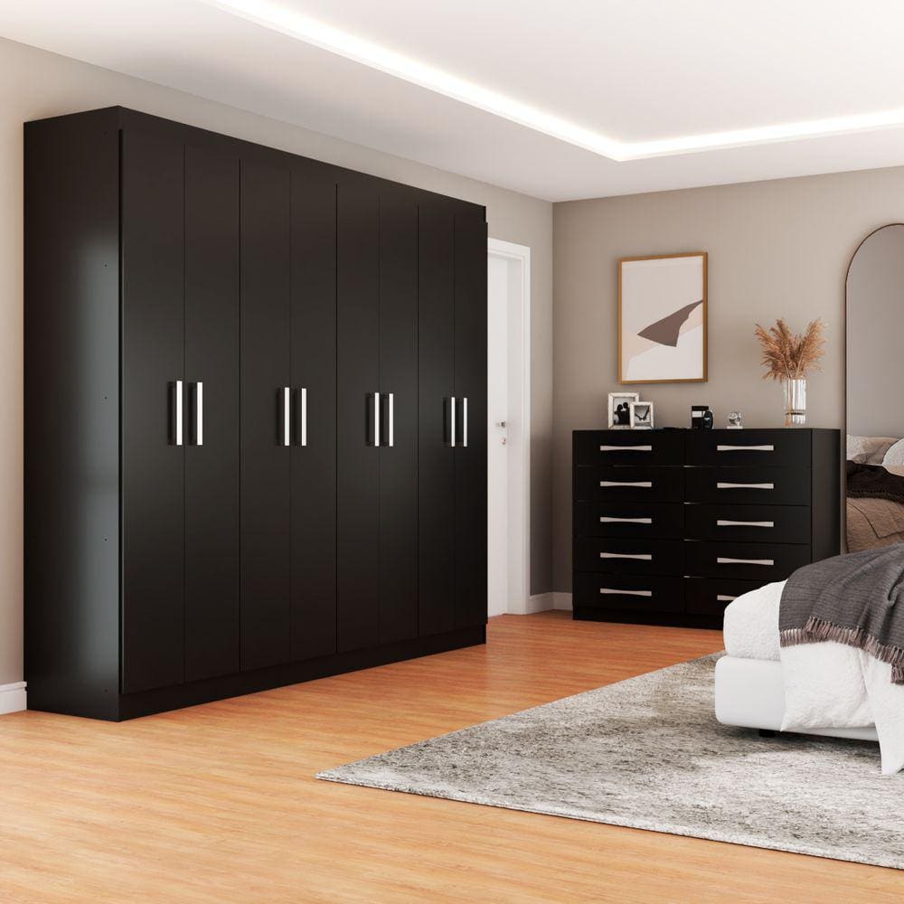 Guarda-Roupa Casal Ele e Ela 8 Portas 8 Prateleiras e Cômoda 10 Gavetas Preto - Panorama Móveis