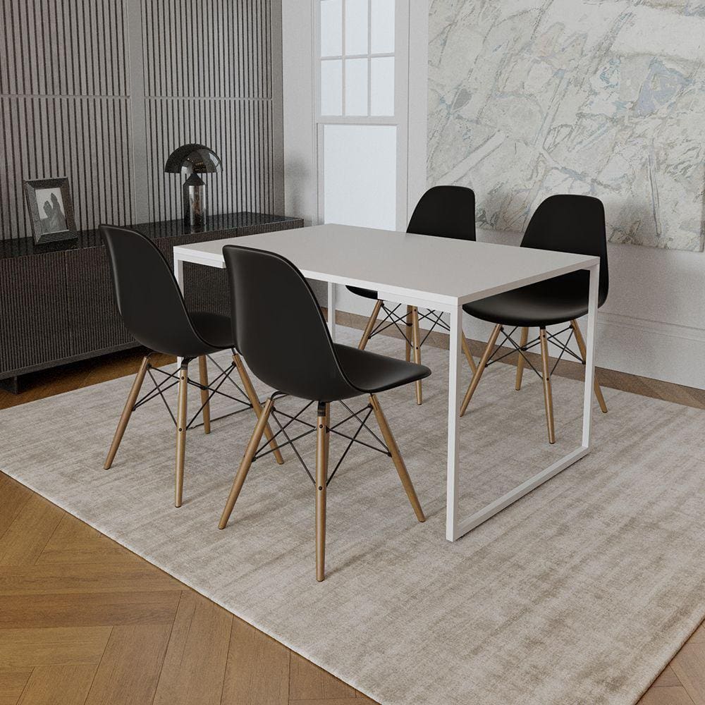 Mesa Industrial Base Ferro Branco 137x90 Tampo Branco 4 Cadeiraseiffel Madeira Assento Preto