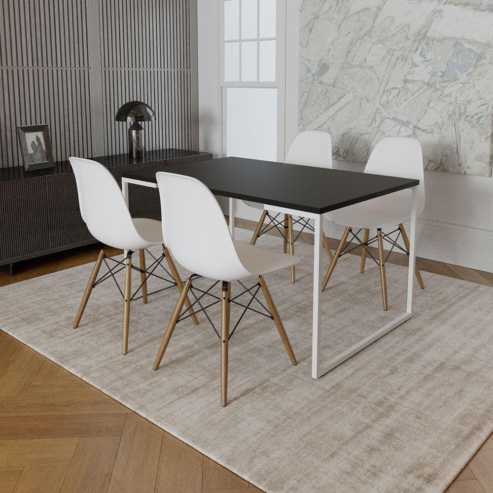 Mesa Industrial Base Ferro Branco 137x90 Tampo Preto 4 Cadeiras Eiffel Madeira Assento Branco