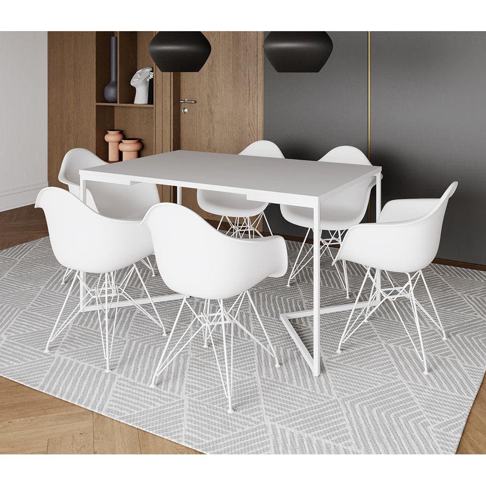 Mesa Industrial Jantar Branca 137x90cm Base V com 6 Poltronas Eames Eiffel Brancas Ferro Branco